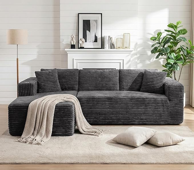 Vongrasig 103 Boneless Couches for Living RoomSectional Couches Modular Sofa with L-Shaped Chaise Memory Foam Comfy Cloud Couch with Plush Corduroy Fabric No Assembly Required Dark Grey