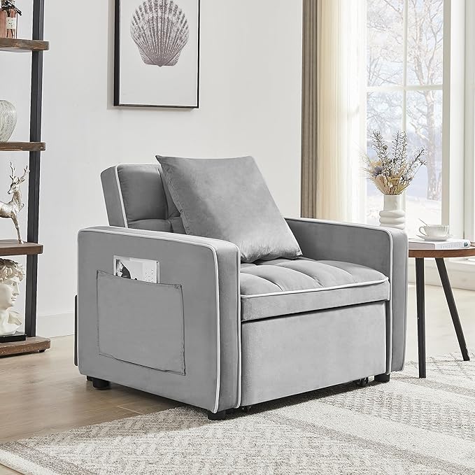 3-in-1 Velvet Chair-bed Adjustable Backrest Pull-out Chaise Lounger Tufted Cushioning Side Organizer Pocket Space-saving Convertible Seating for Living Room Apartment Guestroom Office (Grey)