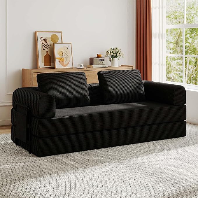 Convertible Sleeper Sofa Bed 3-Seat Corduroy Futon Couch with Cylindrical Pillow Foldable Mattress for Living Room &amp Bedroom 79 Inch Multi-Functional Sofa (Black)