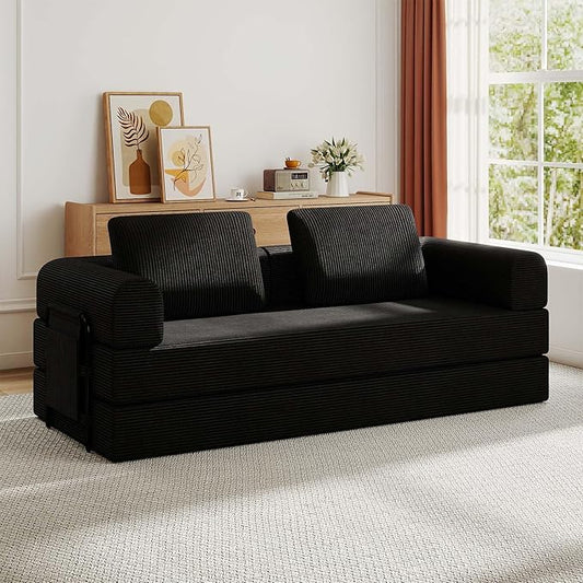 Convertible Sleeper Sofa Bed 3-Seat Corduroy Futon Couch with Cylindrical Pillow Foldable Mattress for Living Room &amp Bedroom 79 Inch Multi-Functional Sofa (Black)