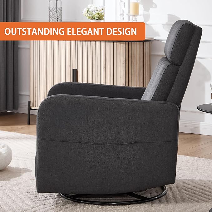 Swivel Rocking Recliner Chair for Adults Rocker Nursery Glider Chair for Living Room Bedroom Upholstered Fabric Reclining Single Sofa Chair(Grey)