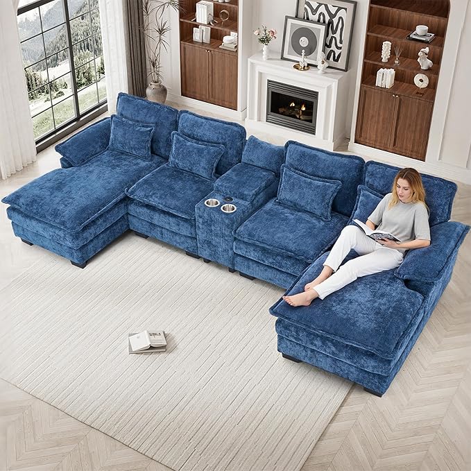 133 Oversized U Shaped Cloud Couch Modular Sectional Couches for Living Room Comfy Chenille Deep Seat Sofa Set with Double Chaise Lounge Storage Central Console Cup Holders USB Port Blue