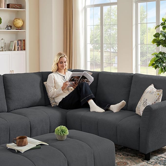 102 Convertible Sectional Sofa Couch L Shaped Couch with Back Cushions Modern Upholstered 6-Seat Reversible Sofa Set for Living Room Apartment Office Dark Grey