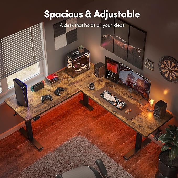 CubiCubi L Shaped Standing Desk 75 x 63 Inch Adjustable Height Electric Corner Desk Sit Stand Home Office Desk with Splice Board Rustic Brown（2 Packages