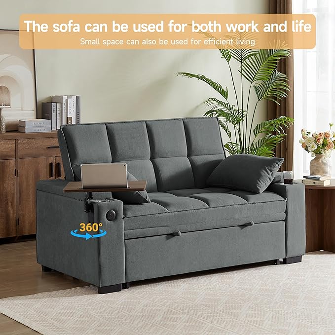 65 Sleeper Sofa Bed Loveseat Convertible Couch for Living Room RV Sofa with Adjustable Backrest Chaise Lounge Side Table USB &amp Type-C Ports