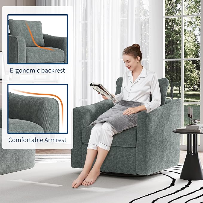 GarveeLife Accent Chair for Living Room 360° Swivel Reading Chair Modern Linen Fabric Armchair for Living Room Comfy Upholstered Single SofaChair Dark Green