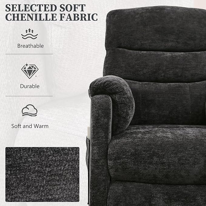 Electric Recliner Chair Power Recliner Sofa with Remote Adjustable Backrest and Side Pocket 7-Zone Support 350 LBS Soft Chenille Fabric Armchair for Living Room Bedroom Black