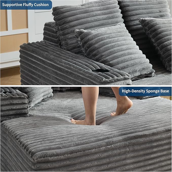 IDEALHOUSE 64 Oversized Chaise Lounge Chair Indoor Upholstered Boneless Sofa Bed with Throw Pillows Cup Holders and Armrests Comfy Corduroy Sleeper Couch for Living Room Bedroom Office (Grey)