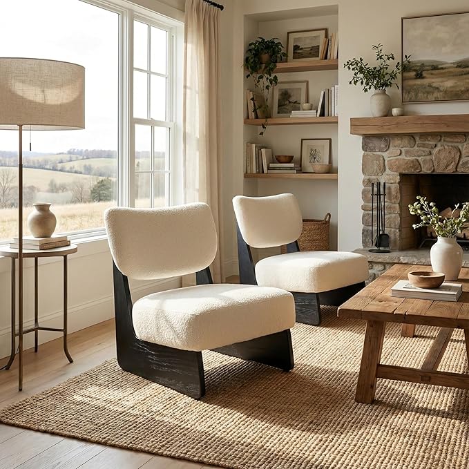 Beige Furry Living Room Chairs Set of 2 Cozy Upholstered Armless Accent Chair for Bedroom Black Wood Frame Vintage Modern Lounge Reading Chair for Apartment Waiting Room Office Beige