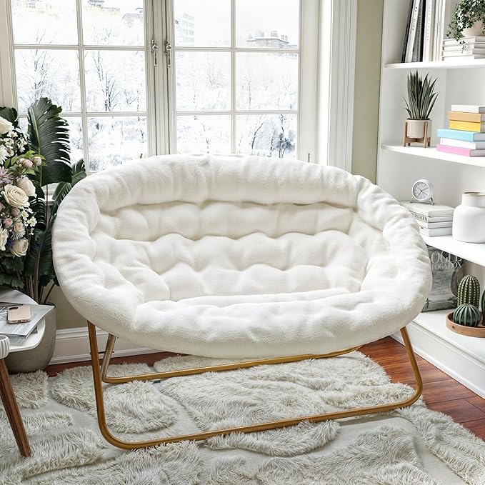 BizChair 56 Portable Folding Double Saucer Chair in Ivory Faux Shearling with a Soft Gold Steel Frame for Dorm Living Room or Bedroom