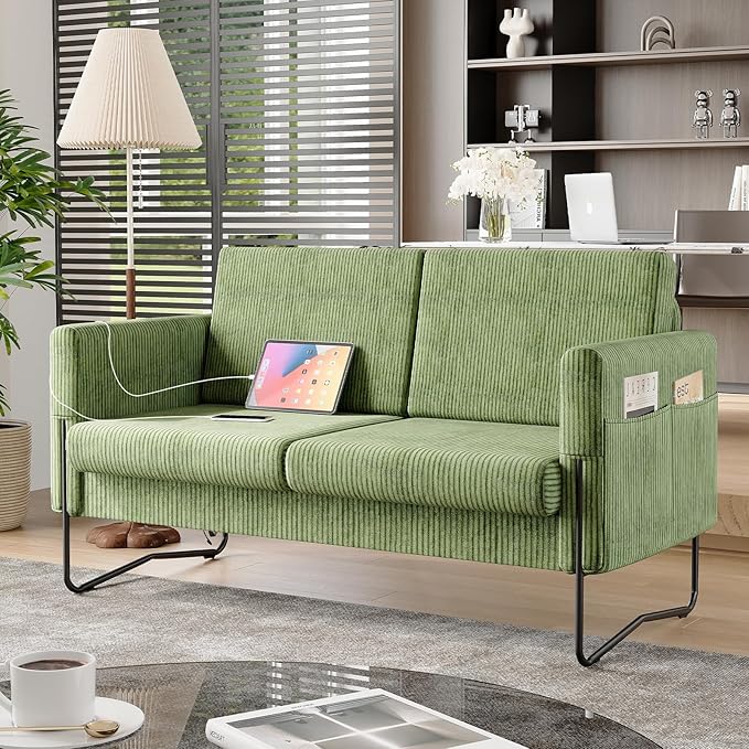 STHOUYN Small Green Love Seat Couches with USB Port &amp Side Pocket Small Loveseat for Small Spaces Mini Sofa for Bedroom 2 Seater Office Couch (Green)