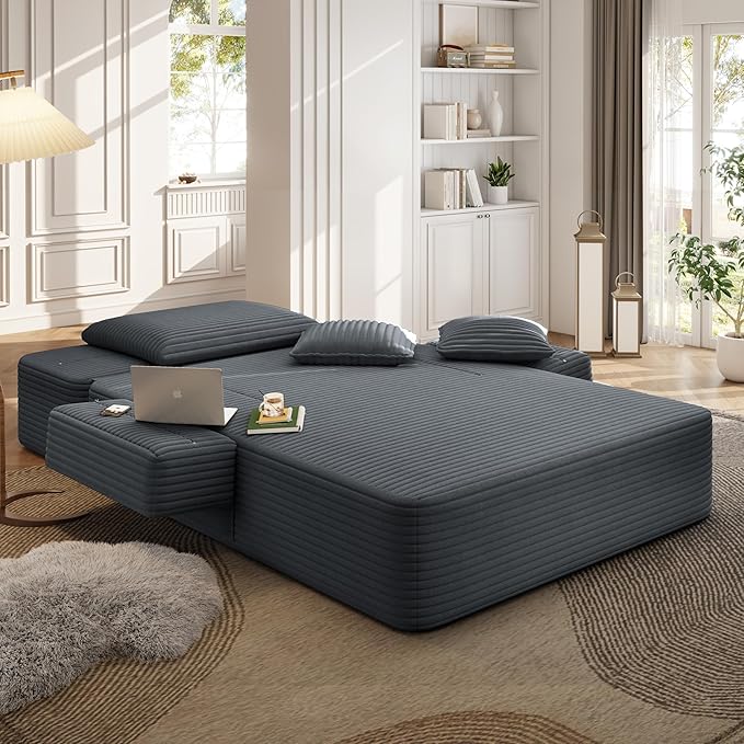70W Oversized Chaise Lounge Chair Indoor with Adjustable Backrest &amp Storage 2 in 1 Convertible Sleeper Sofa Bed Compression Foam Boneless Couch for Living Room Bedroom Plush Corduroy Dark Grey