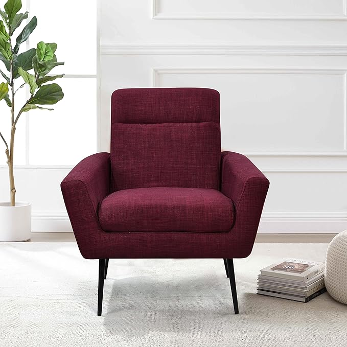 Mid Century Modern Upholstered Fabric Accent Chair Living Room Bedroom Leisure Single Sofa Chairwith Metal Legs TV armrest seat Suitable for Small Space Home Office Coffee ChairWine Red