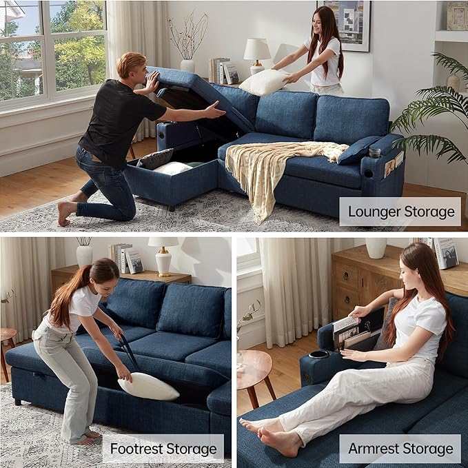 DURASPACE Sofa Bed Sleeper Sofa Couch with Pullout Bed for Living Room L Shaped Couch with Storage Chaise USB Cup Holder (Blue Linen)