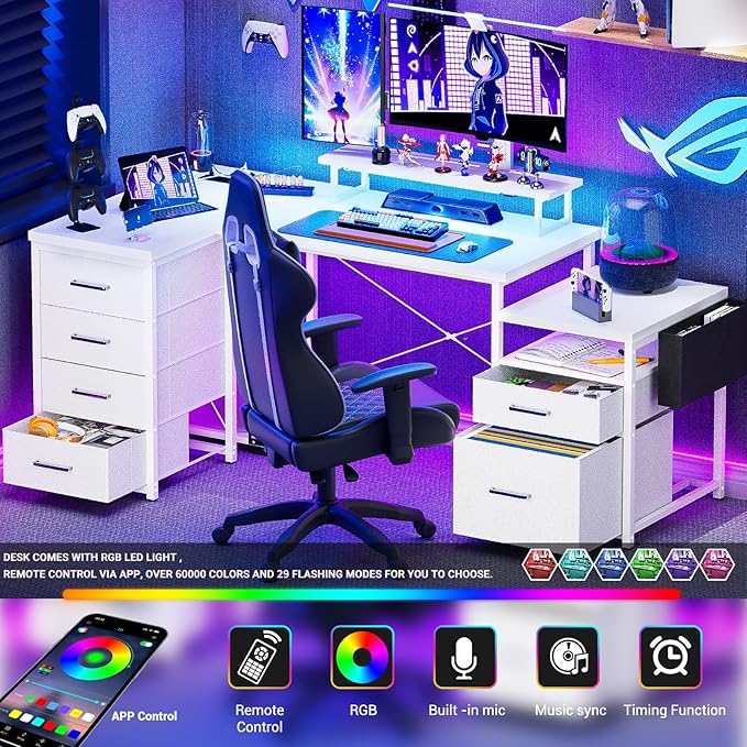 Unikito 70.8 Reversible L Shaped Computer Desk with Fabric File Drawers Corner Desks with RGB LED Light &amp Power Outlets &amp Monitor Stand Large Gaming Desk for Home Office Workstation White