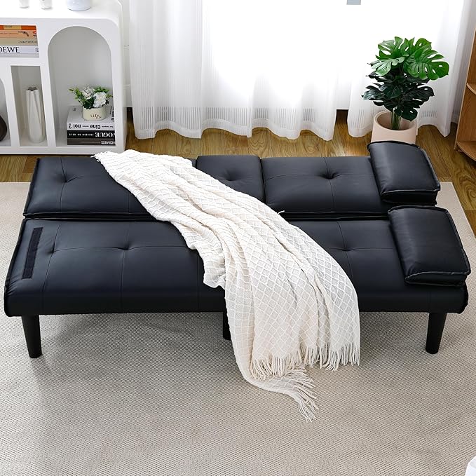 Futon Sofa Bed PU Leather Modern Convertible Futon Couch with Removable Armrests Cup Holders Loveseat Sleeper Sofa Bed for Living Room Apartment Small Spaces (Black)