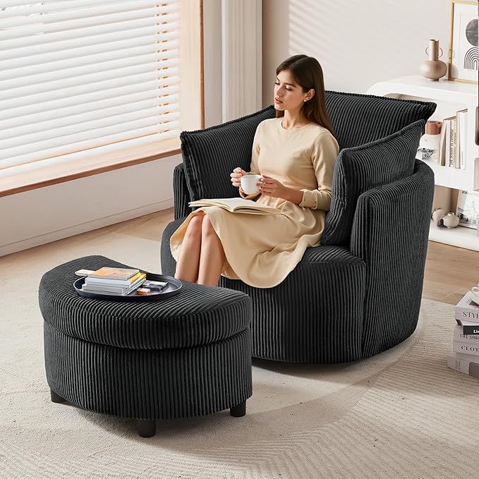 Swivel Accent Chair Round Barrel Armchair with Storage Ottoman Upholstered Corduroy Fabric for Living Room Apartment Office (Black 2-Piece)