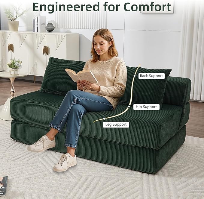 GNIXUU Fold Out Couch 3-in-1 Convertible Futon Sofa Bed with 2 Pillows Corduroy Foldable Floor Chair Boneless Loveseat Couches for Living Room Bedroom Small Spaces Green