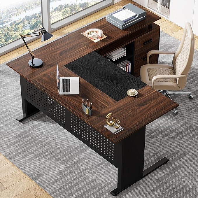 Tribesigns 63 Inch Executive Desk with File Cabinet Large Office Desk L Shaped Computer Desk with Drawers and Storage Shelves Business Furniture Desk for Home Office Dark Walnut and Black