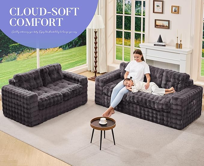 Hobestluk 3-Seater Sofa Boneless Couch with Tufted Button Design 2 in 1 Comfy Cloud Couch Oversized Sofa for Living Room Bedroom Apartment or Office (Dark Grey 3 Seater)