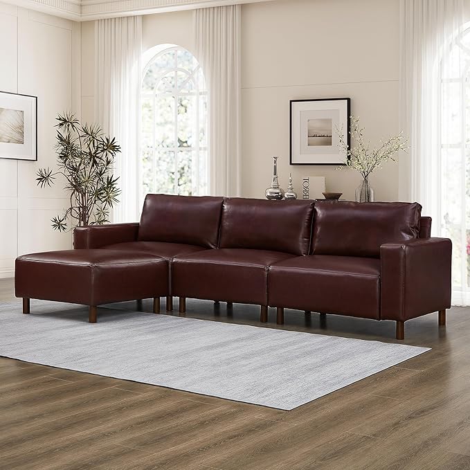 KEIKI PU Leather Sectional Couch Sofa Set Luxury 4 Seater Modular Sleeper Couches with Ottoman Corner Comfy Convertible L-Shaped Sofabed for Office Living Room Lounging Easy Assembly Burgundy