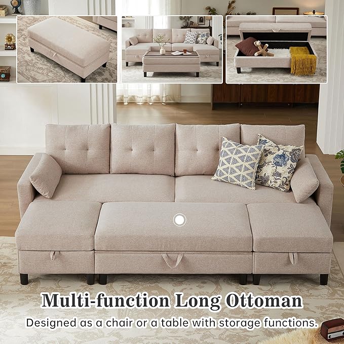 101 Convertible Sectional Sofa Modern Linen Fabric U-Shaped Couch with Reversible Chaises and Ottoman Coffee Table 4 Seat Sofa Couches for Living Room Apartment Office Beige