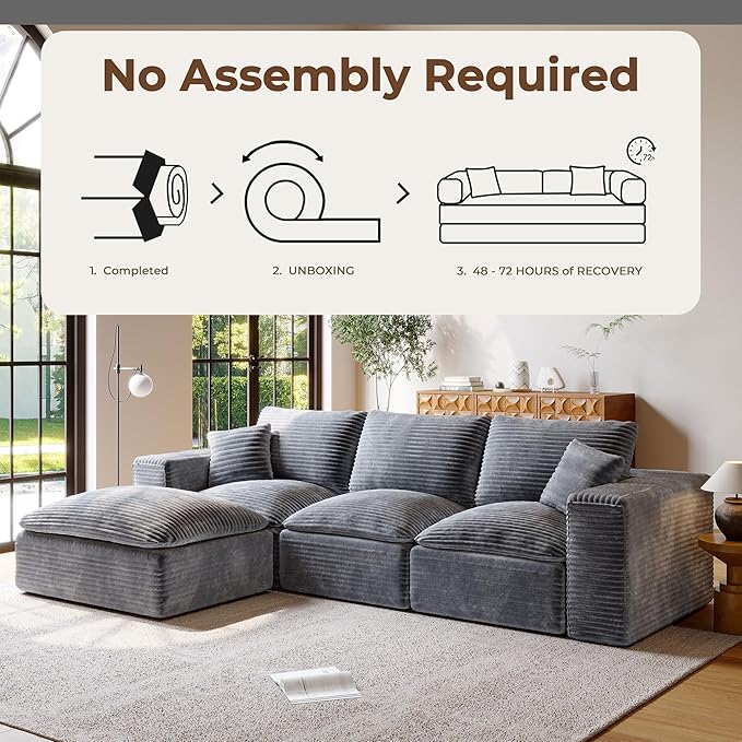 108 Cloud Sectional Couch with L-Shape Chaise Upholstered Couches for Living Room Bedroom Modern Modular Sofa with Deep Seat No Assembly Required Ottoman Movable (Grey)