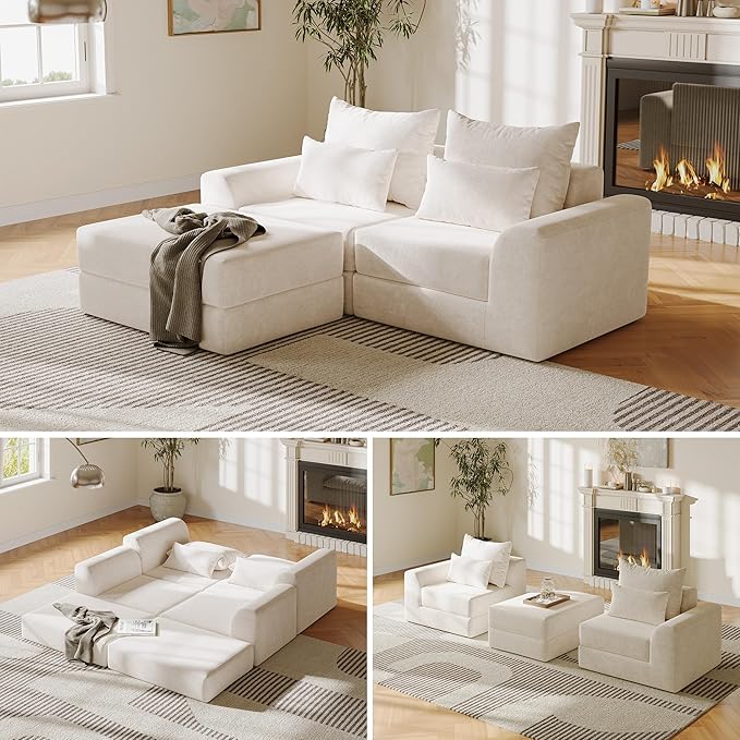 Modular loveseat with Ottoman L-Shape Boneless Couch Customizable Sectional Couch Free Combination Design Sleeper Sofa Cloud Mist