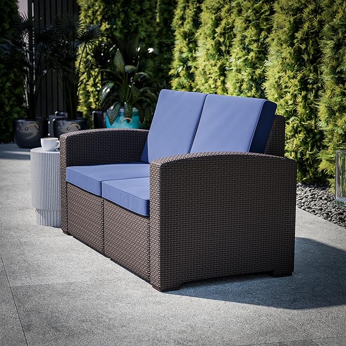 Flash Furniture Seneca Chocolate Brown Faux Rattan Loveseat with All-Weather Navy Cushions