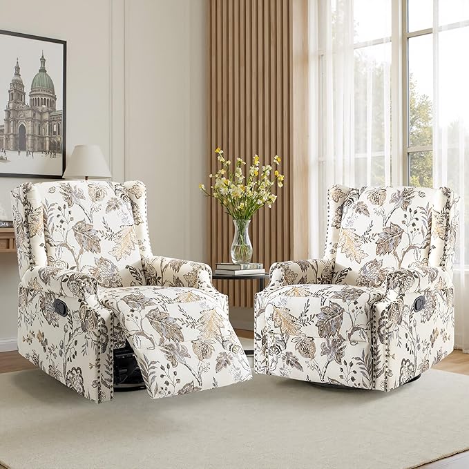 Swivel Glider Recliner Chairs Set of 2 High Back Rocker Reclining Accent Chair with Smooth Manual Mechanism for Nursery Comfortable &amp Quiet Upholstered Armchair Seating-Cream Plant