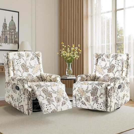 Swivel Glider Recliner Chairs Set of 2 High Back Rocker Reclining Accent Chair with Smooth Manual Mechanism for Nursery Comfortable &amp Quiet Upholstered Armchair Seating-Cream Plant