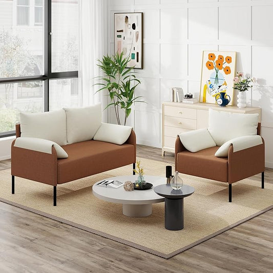 LSSBOUGHT Modern Loveseat and Chair Set Chenille Fabric Armchairs Accent Chair. Living Room Chair for Bedroom ApartmentSmall Space(Orange 1 Loveseat+1 Chair)