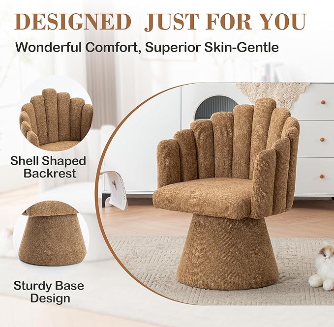 Swivel Accent Chair Modern 360° Barrel Chair with Shell-Shaped Back Tufted Vanity Armchairs for Living Room Bedroom Reading Room Camel