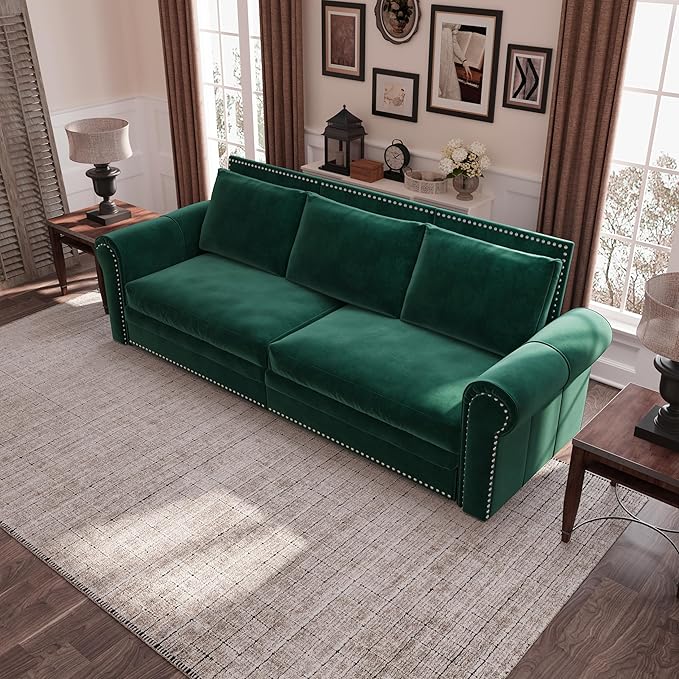 KEIKI 93.7 King Pull Out Sofa Bed 3-in-1 Velvet Convertible Sleeper Sofa with Nailhead Trim &amp Rolled Arm Multi-Functional Sofa Bed for Living Room Bedroom Apartment Office Green