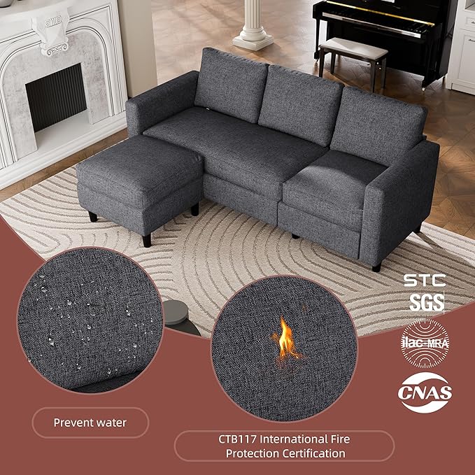 JAMFLY Sectional Sofa Couch Convertible L Shaped Sofas with Ottoman Small Sectional Couches for Living Room 3 Seater Couch for Small Spaces Pink