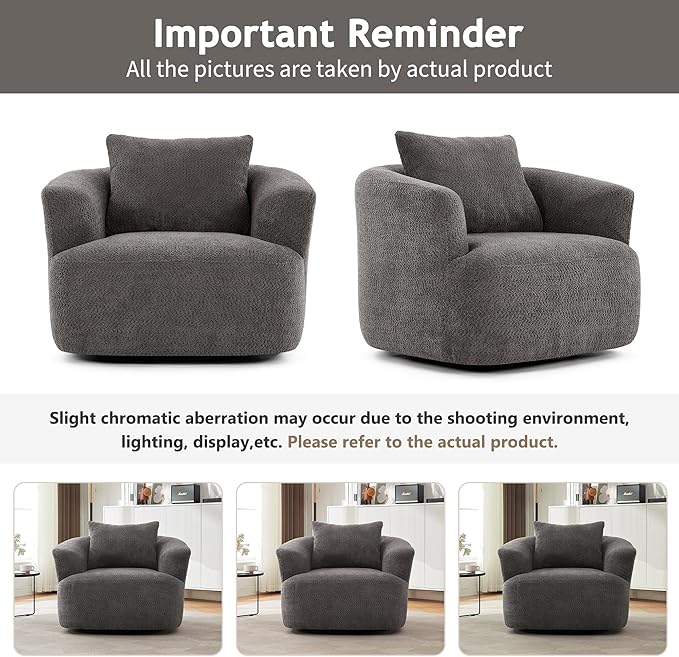 Merax Modern 360° Chenille Swivel Barrel Chair with A Throw Pillow &amp Armrest Upholstered Cozy Single Round Sofa with Deep Seating for Living Room BedroomOffice Hotel Easy Assemble Grey