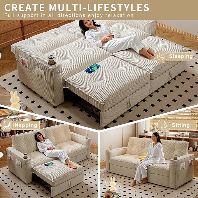 73 Queen Size Sofa Bed Loveseat Sleeper Sofa with Pull Out Bed Pockets and USB Corduroy Fabric 2 Seater Convertible Small Couch for Living Room Bedroom Apartment Beige