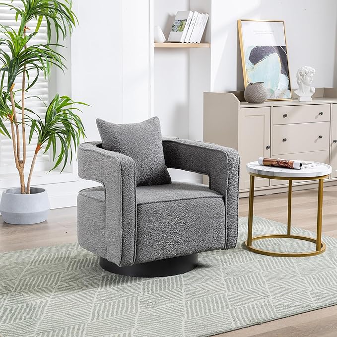 29.0 W Swivel Accent Open Back Chair Modern Comfy Sofa Chair with Black Base for Nursery Bedroom Living Room Hotel Office Club Chair Leisure Arm Chair for Lounge (Gray Boucle)