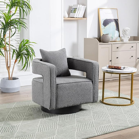 29.0 W Swivel Accent Open Back Chair Modern Comfy Sofa Chair with Black Base for Nursery Bedroom Living Room Hotel Office Club Chair Leisure Arm Chair for Lounge (Gray Boucle)