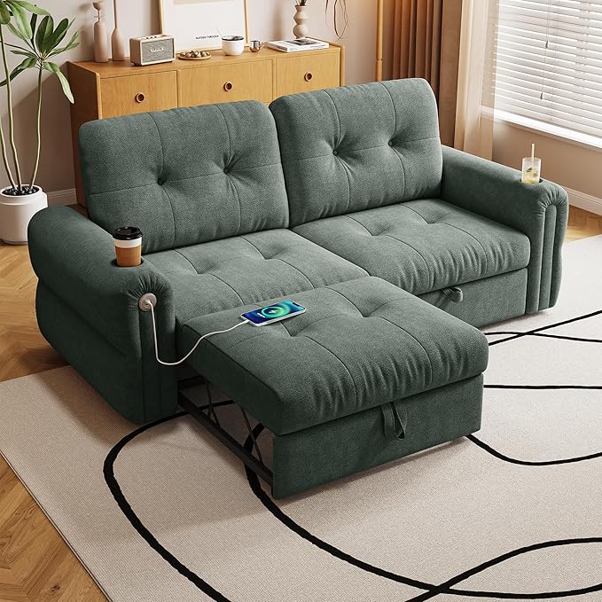 healthomse 77 Queen Size Sofa Bed 3-in-1 Convertible Sleeper Sofa Bed with Adjustable Backrest Modern Chenille Couch with Cup Holder and USB Ports for Living Rooms Bedrooms Small Spaces