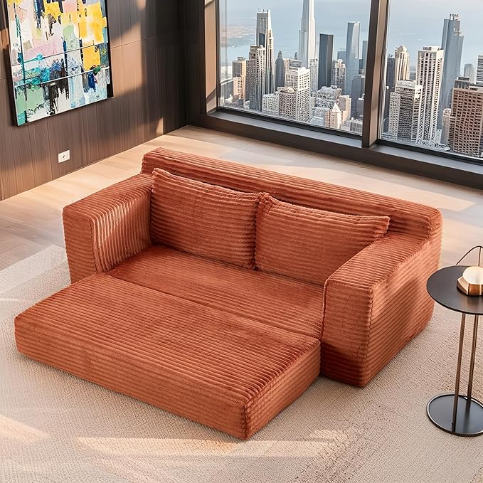 Boneless Couch 2 in 1 Convertible71 Corduroy Cloud Loveseat SofaMemory Foam Couch in a BoxNo Assembly Small Sofa for Living RoomApartments Home OfficeBedroom-Orange