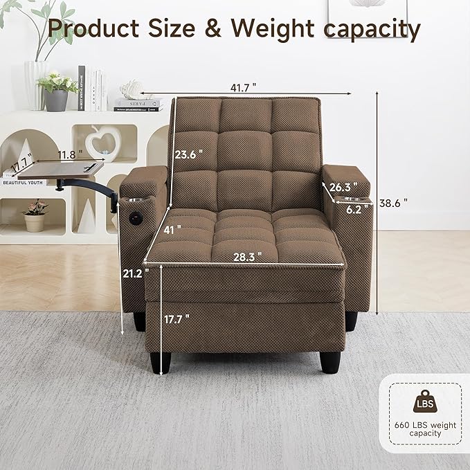 Single Modern Comfy Upholstered Chaise Lounge Sofa Chair with Rotating Side TableStoragePillowUSB Charging Ports and Adjustable Backrest Perfect for Living Room Small Spaces (Coffee)