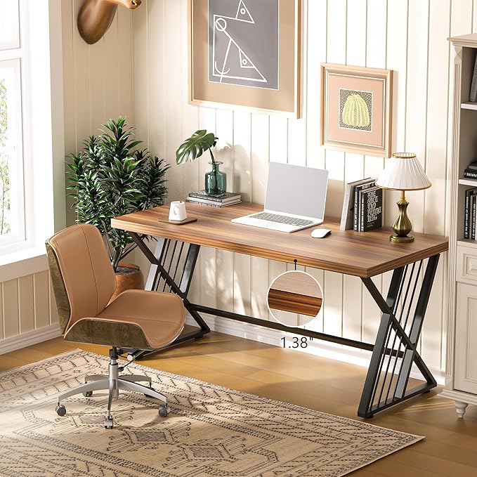 YOHKOH 59 Home Office Desk Extra-Wide 23.6 Workspace with 1.38IN Thick Top Heavy-Duty Z-Shaped Carbon Steel 10-Min 2-Person Assembly for Executive/Office/Home Study Walnut Brown