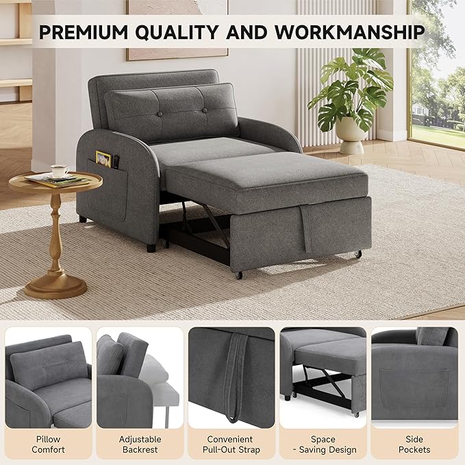 Merax 3-in-1 Convertible Sleeper Sofa Bed with Pillow &amp Side Pocket Soft Cotton Linen Loveseat Sleeper Chair for Living Room Bedroom Study Apartment Gray