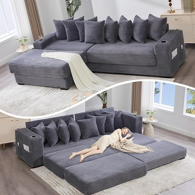 Oversized L-Shaped Modular Sectional Sofa Couch with 8 Pillows Convertible Corduroy Sleeper Sofa Bed with Cupholders &amp Storage Pockets Cloud Couch with Movable Ottoman for Living Room Dark Grey