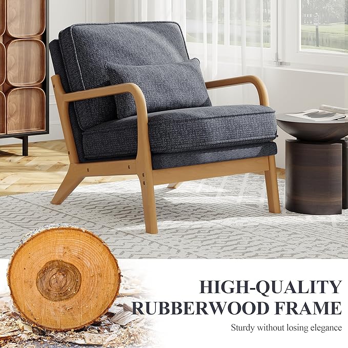 Accent Chair with Solid Wood Frame Mid-Century Relaxing Armchair Lumbar Pillow&amp Soft Cushion Reading Leisure Chair for Living Room Bedroom Waiting Room-Blue