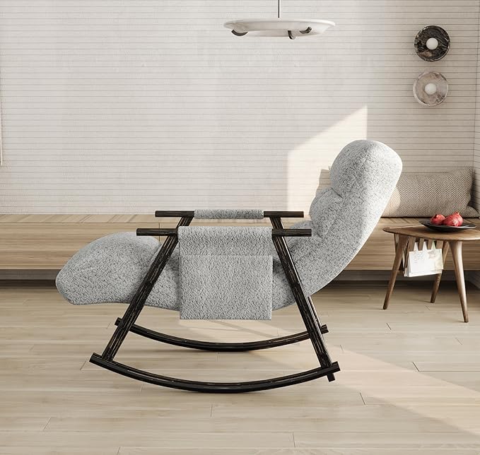 Adjustable Rocking Chair Foldable Lounge Chair with Footrest Teddy Fabric Upholstered Rocking Chair 5 Recline Positions for Living Room Bedroom
