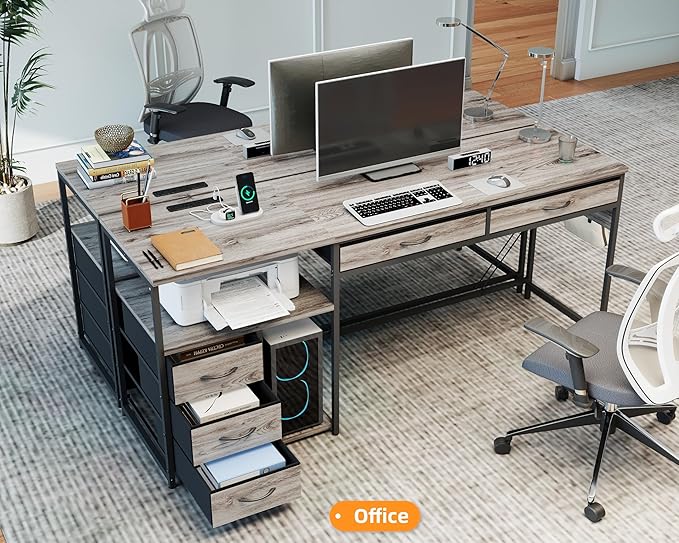 YOSHOOT 60 Computer Desk with 5 Fabric Drawers - Gaming Desk with Storage and Power Outlets Home Office Desk for Adults and Teenagers Working Writing Study Grey