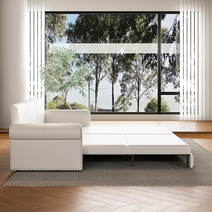 93.7 Chesterfield 3 Seater Pull Out Sofa Bed King Size with Pillows PU Leather 3-in-1 Convertible Sleeper Couch with Nails Trim Space Saving for Living Room Cream White