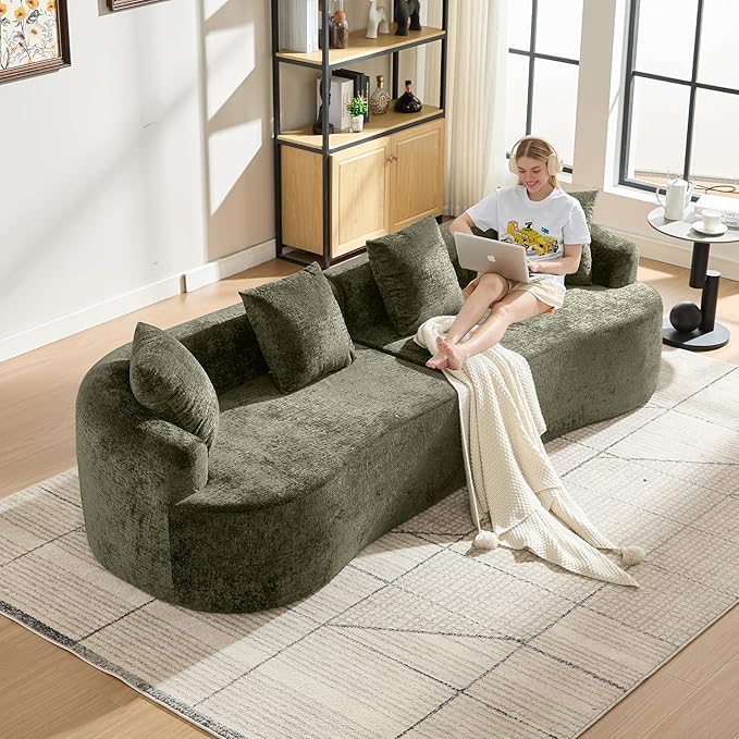 Curved Sectional Couch 110 Chenille Cloud Sofa with 4 Pillows 4-Seater Sleeper Sofa for Living Room Apartment Full Compression Sponge (Olive Green 110 Inch)